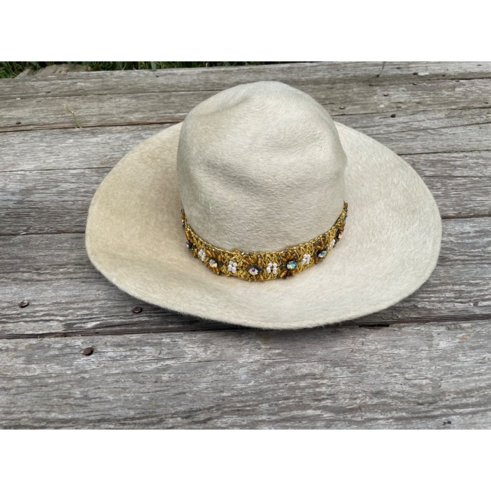 Vintage 1960s Felted Wool Bucket Hat Rhinestone Pearl Band Helios Jan Leslie